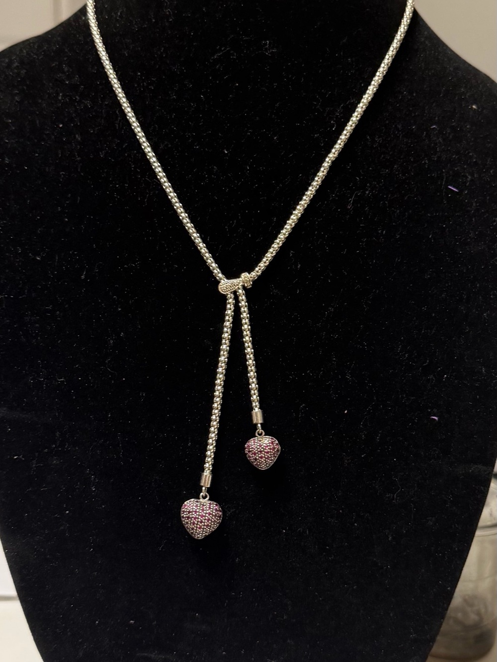 Silver 925 Lariat Necklace with Pink Pave Heart Drops - Women Jewelry